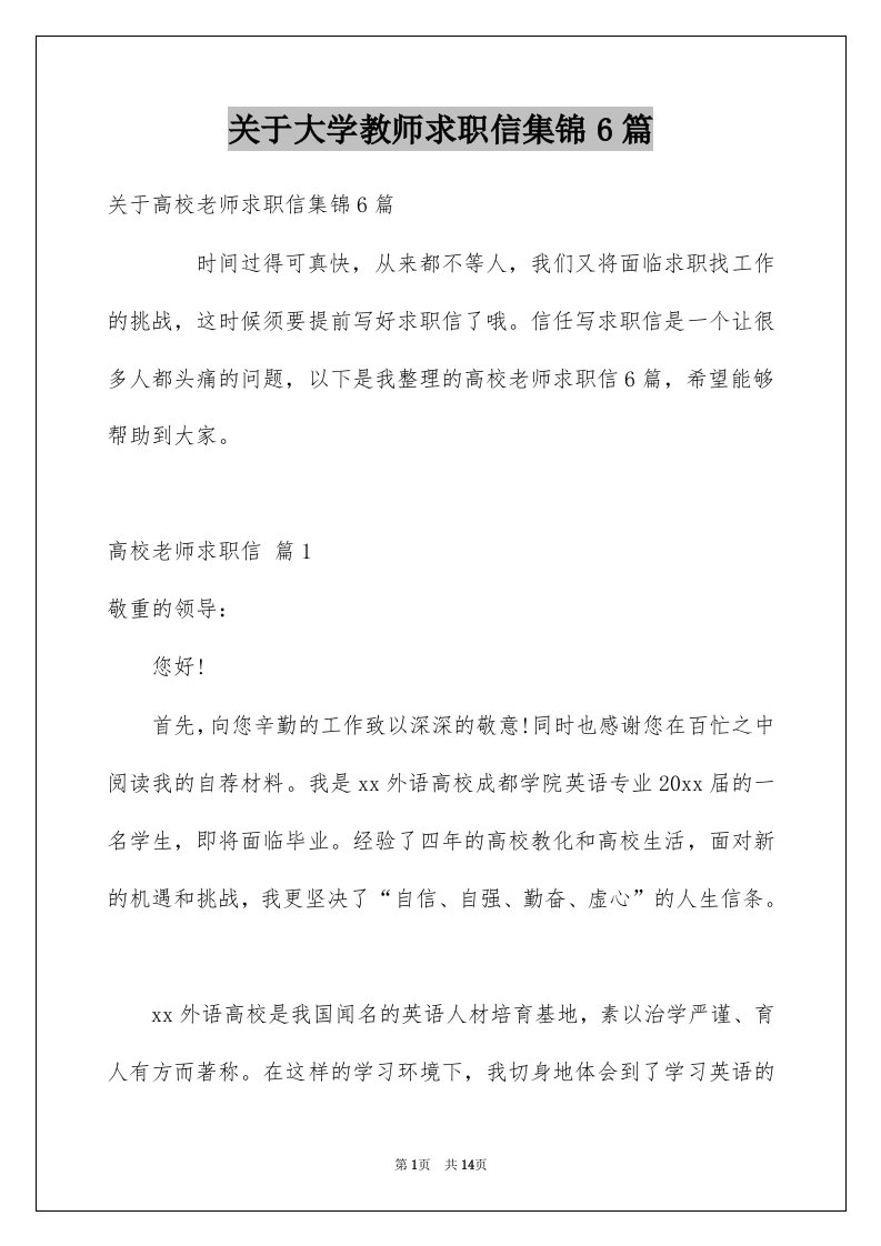 关于大学教师求职信集锦6篇