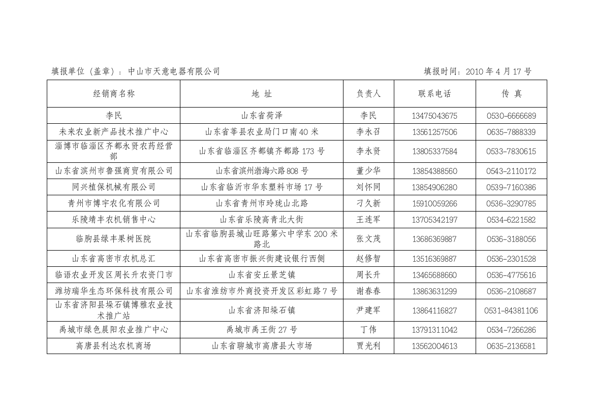 XXXX年山东省各农机生产企业经销商名单（截止到XXXX年4