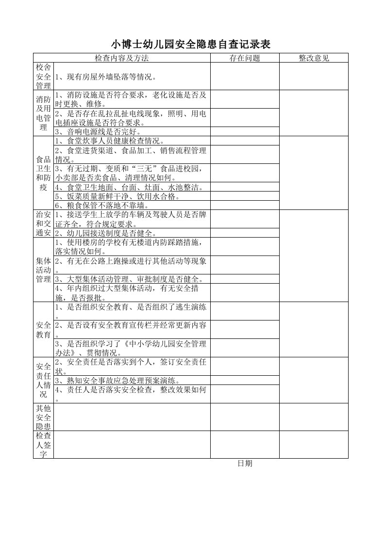 幼儿园安全隐患排查记录表