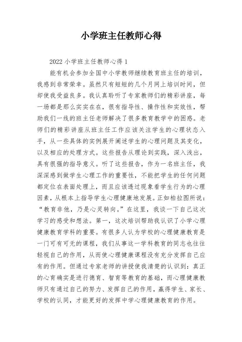 小学班主任教师心得