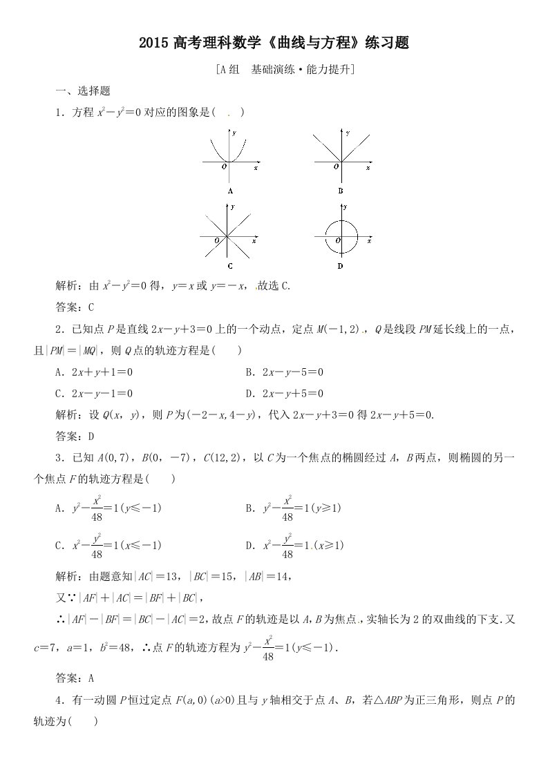 2015高考理科数学《曲线与方程》练习题