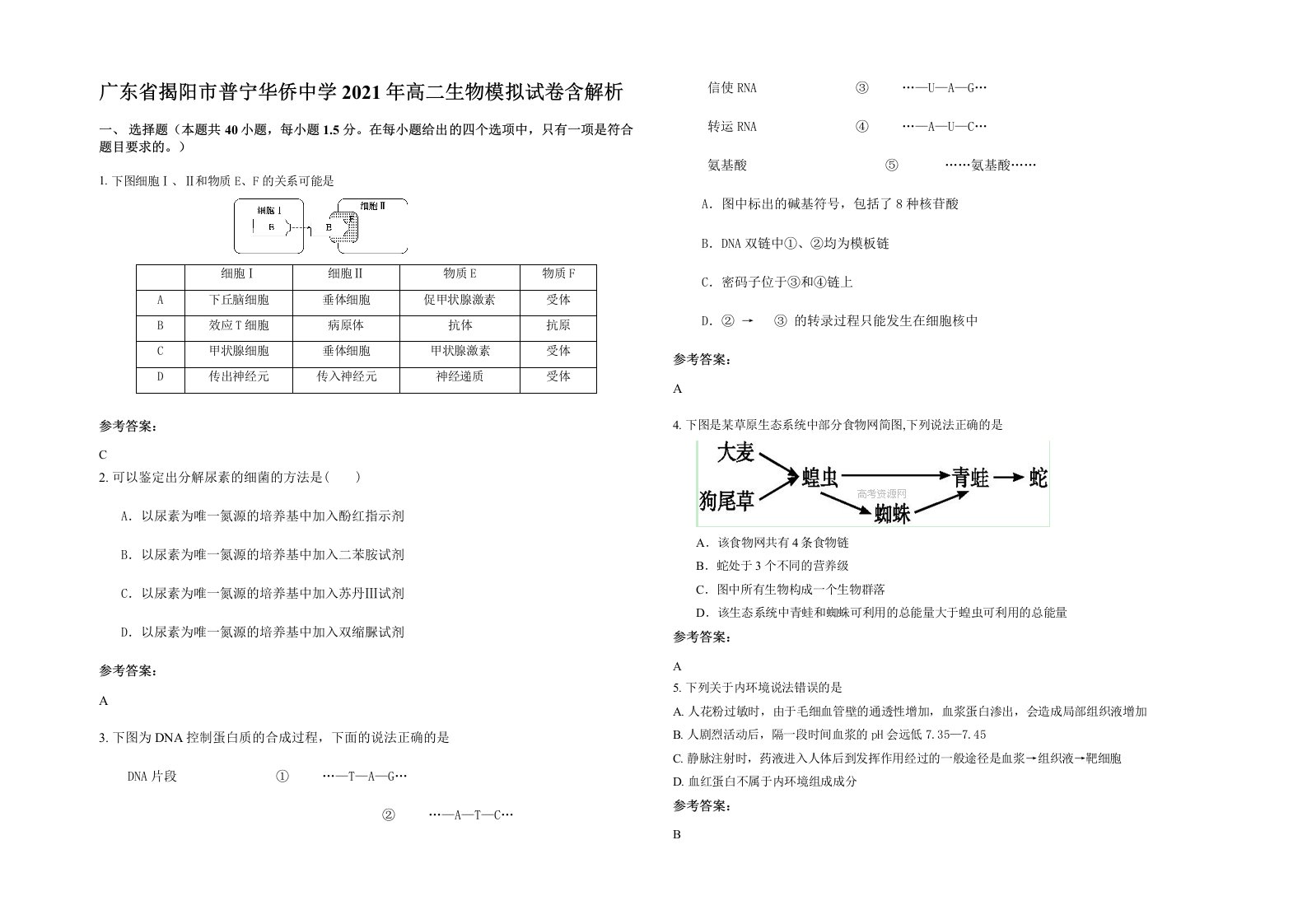 广东省揭阳市普宁华侨中学2021年高二生物模拟试卷含解析