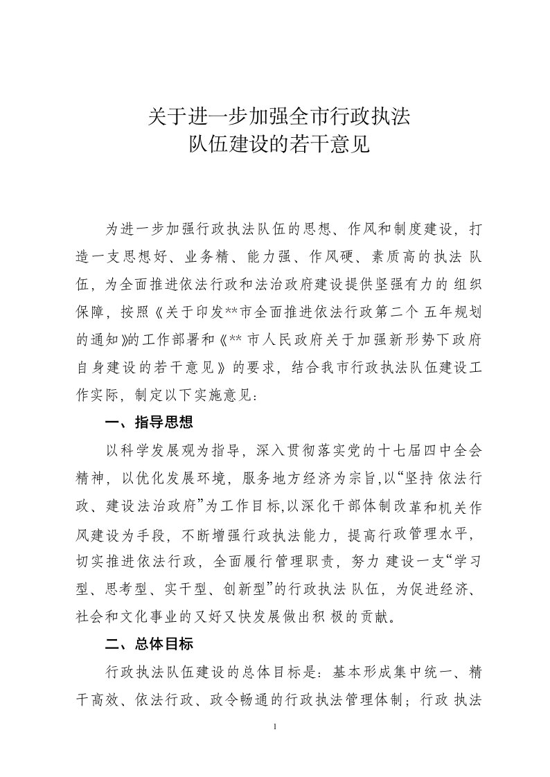 关于进一步加强全市行政执法队伍建设的若干意见