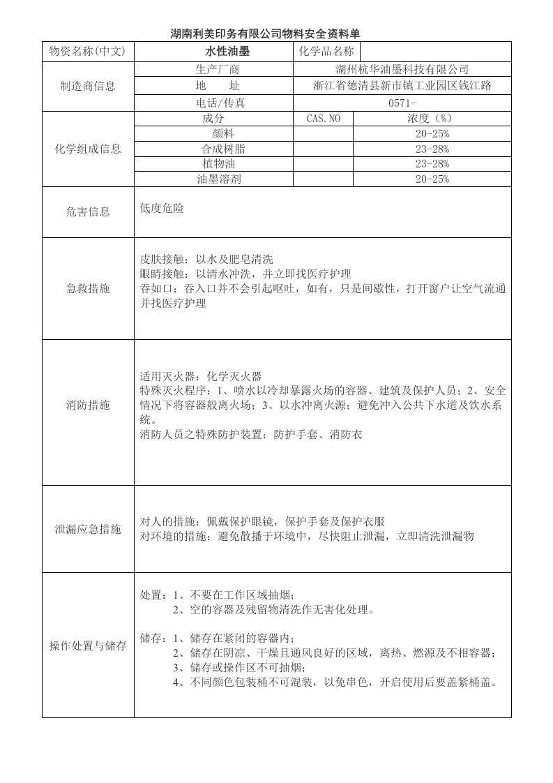 水性油墨安全资料