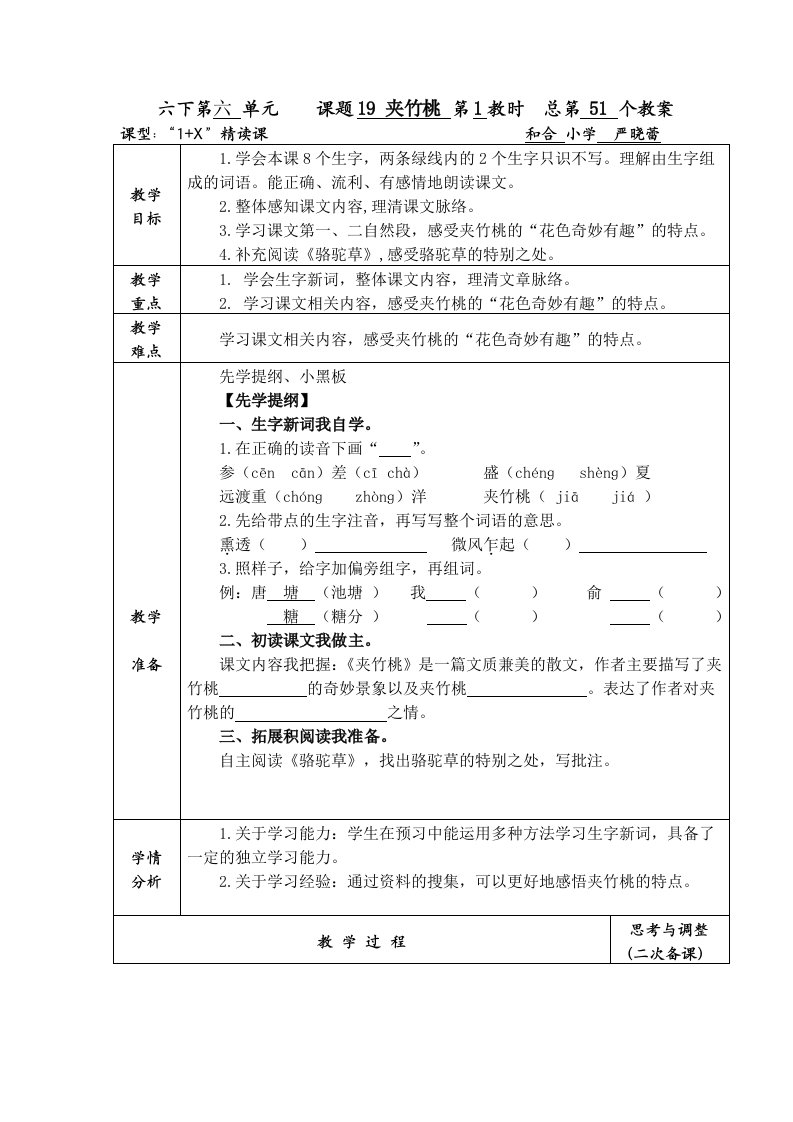 六年级下册19课夹竹桃教学设计