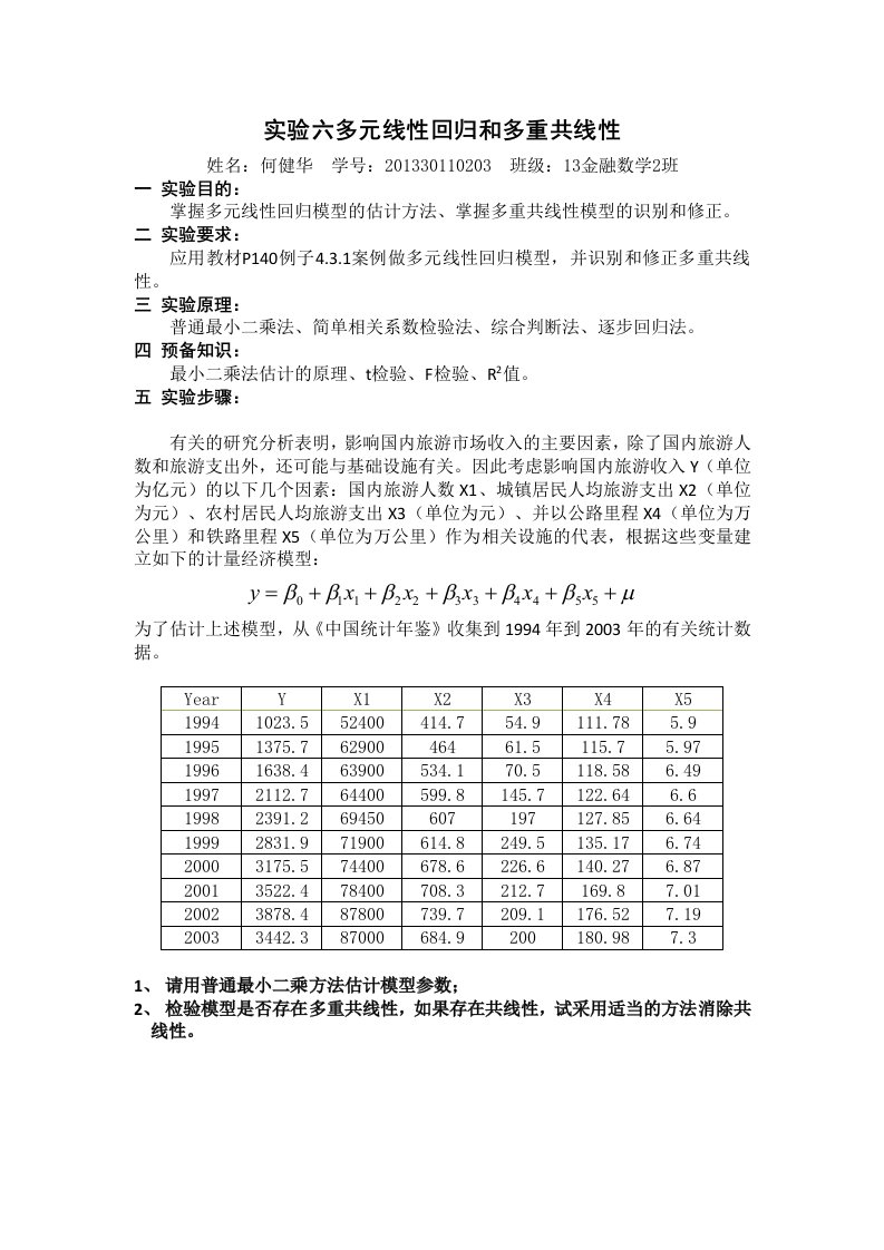 实验六-多元线性回归和多重共线性