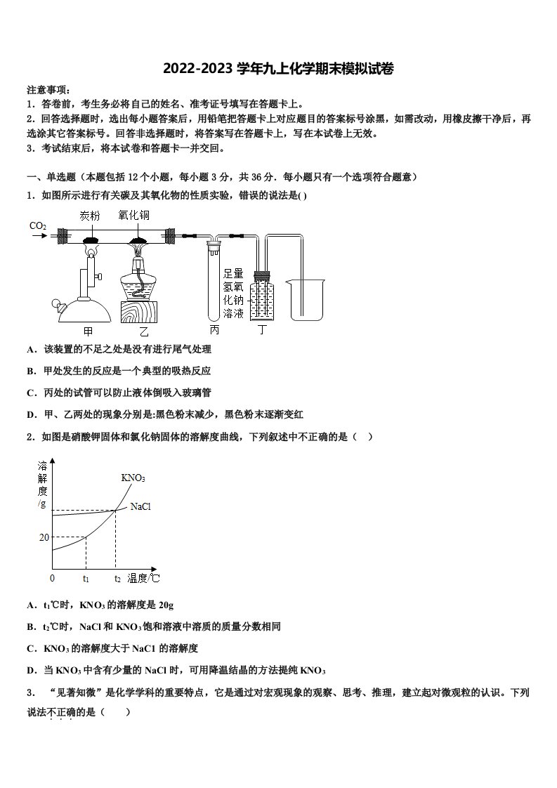 2022年福建省莆田市名校化学九年级第一学期期末检测模拟试题含解析