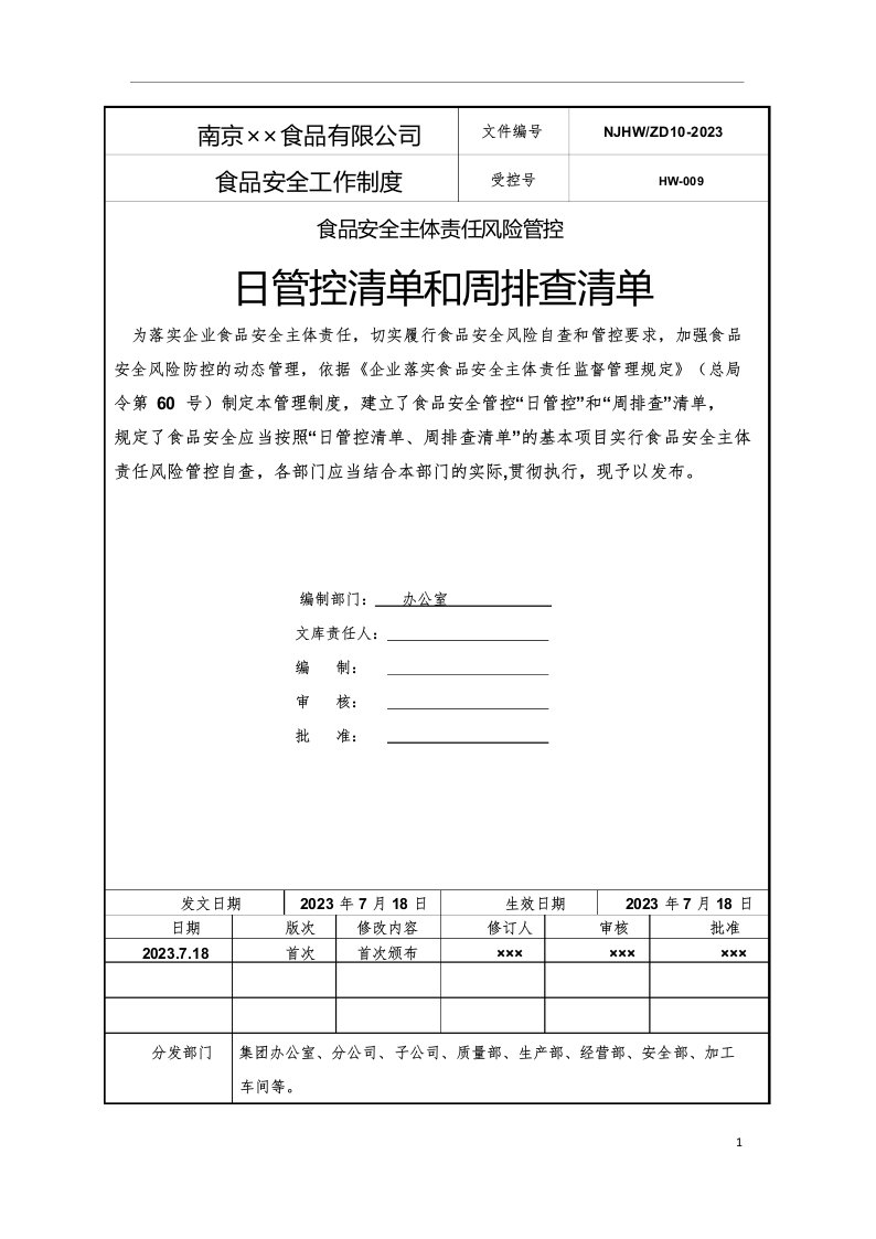 食品安全主体责任风险管控《日管控清单》和《周排查清单》