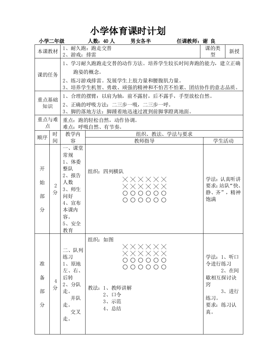 小学体育课时计划