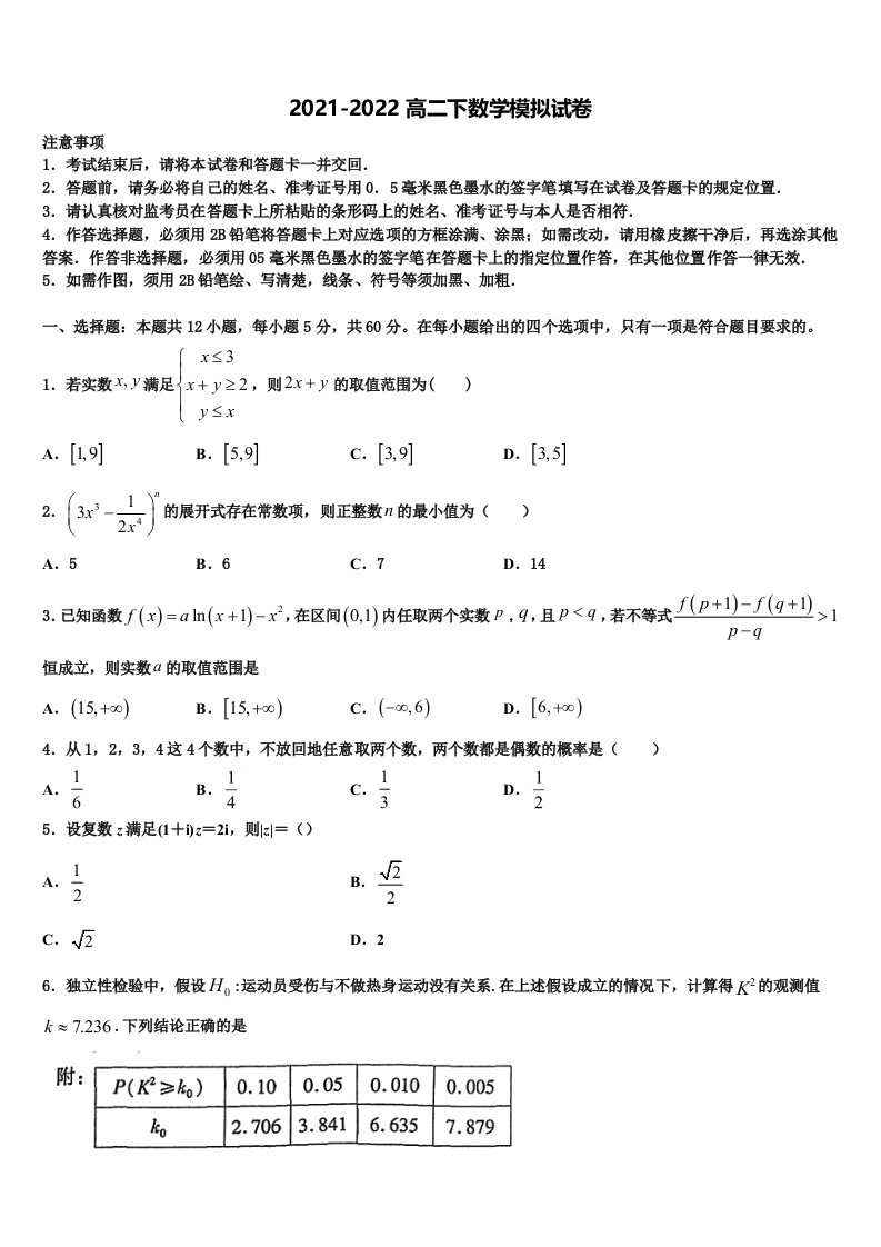 2022年云南省德宏傣族景颇族自治州梁河县第一中学数学高二第二学期期末达标检测模拟试题含解析