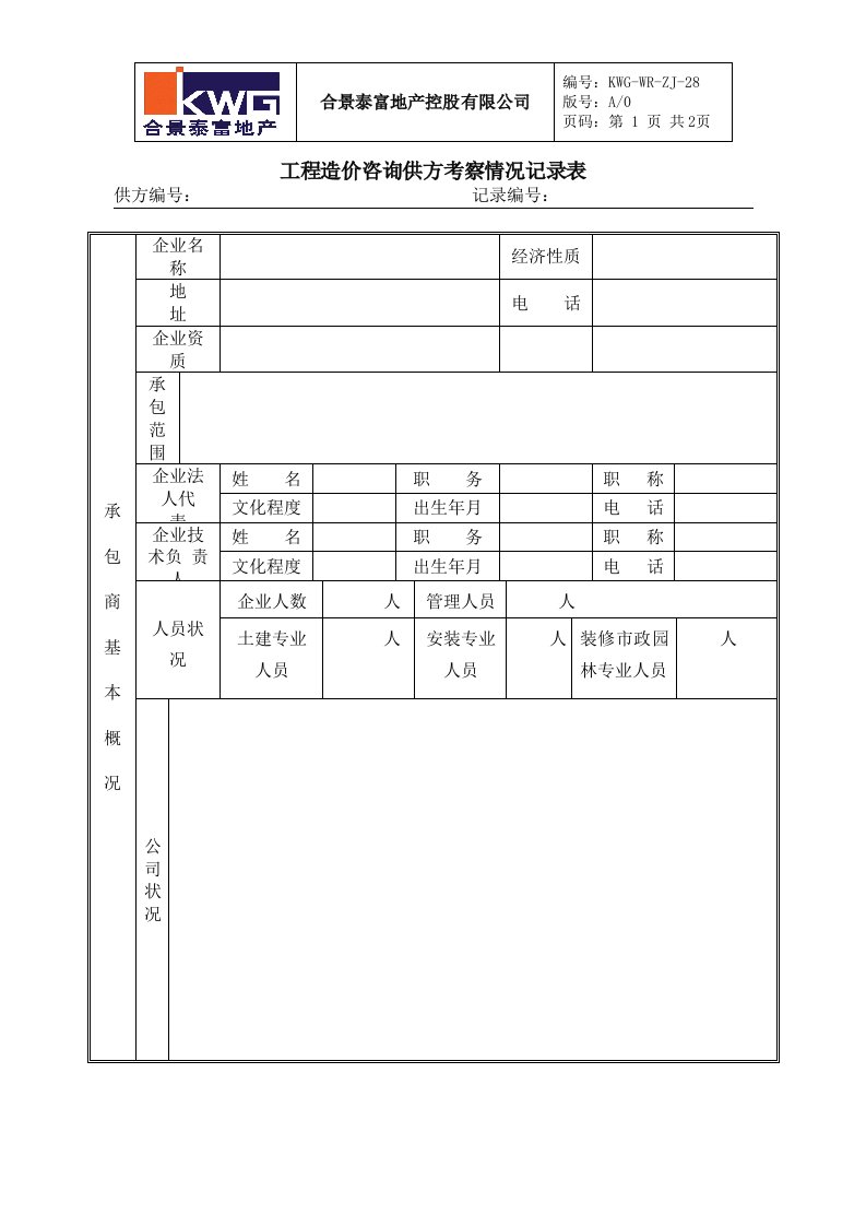 精选28咨询公司考察情况记录表KWG-WR-ZJ-28