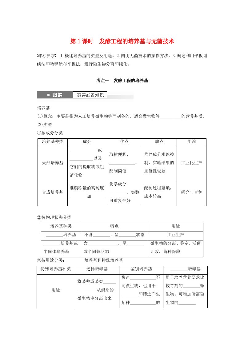 2024届高考生物一轮复习学案第十单元生物技术与工程第1课时发酵工程的培养基与无菌技术苏教版