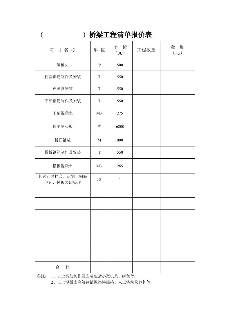 桥梁工程清单报价