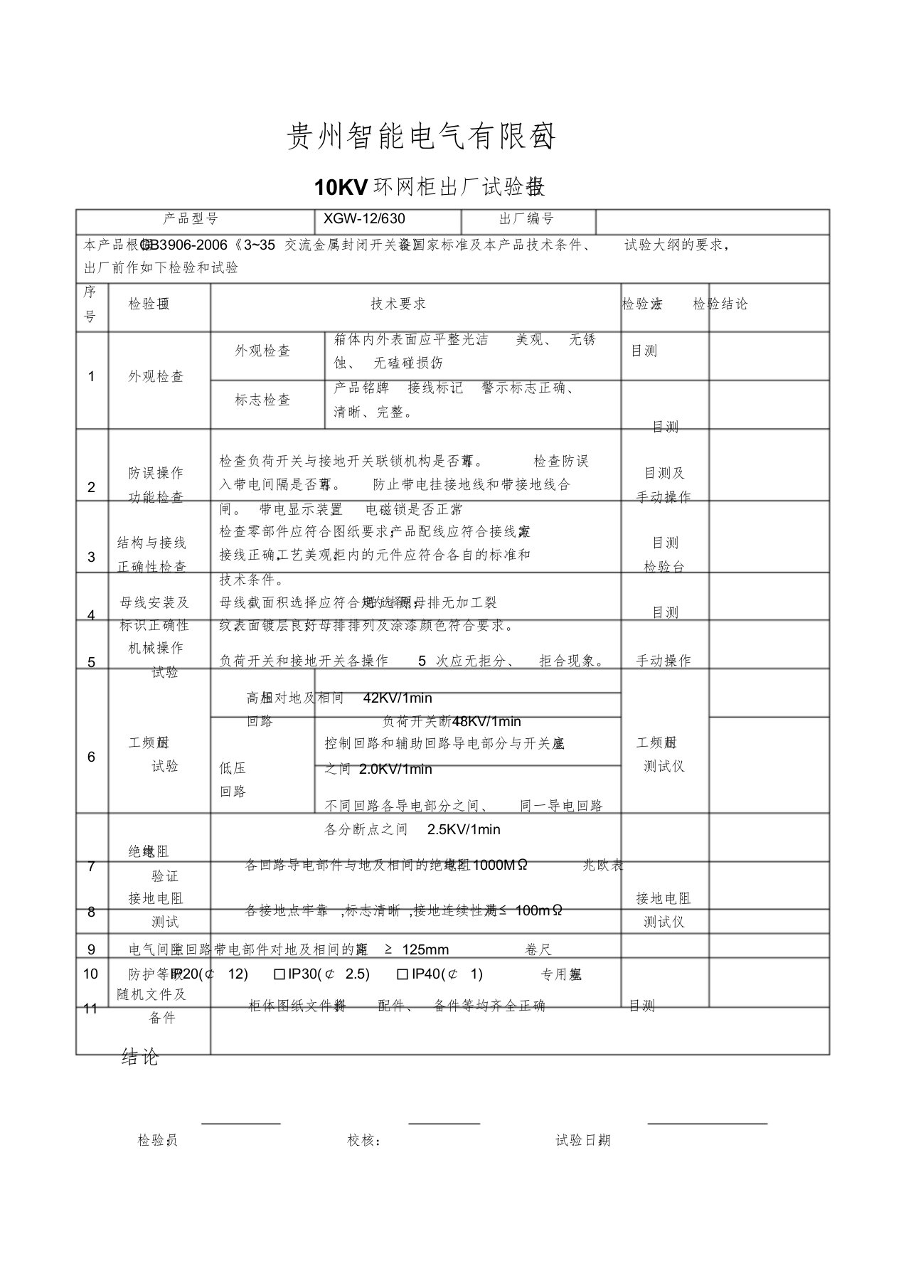 10KV高压环网柜出厂试验报告