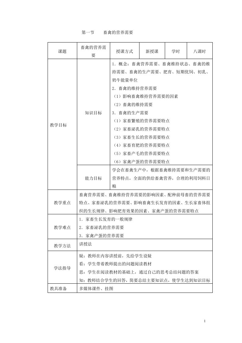 畜禽营养与饲料教案——3.1畜禽的营养需要