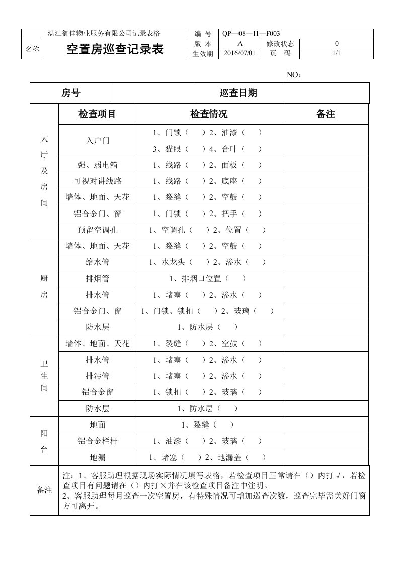 空置房巡查表