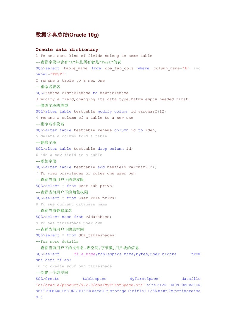 数据字典总结(Oracle10g)