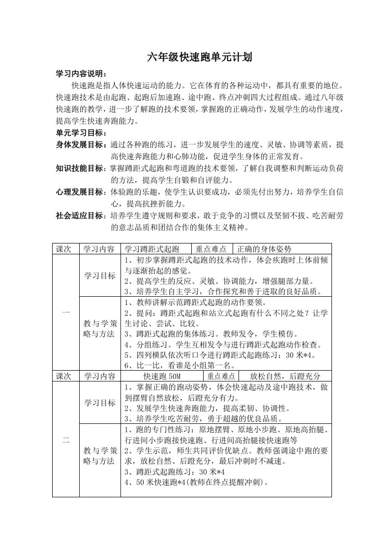 六年级快速跑单元计划