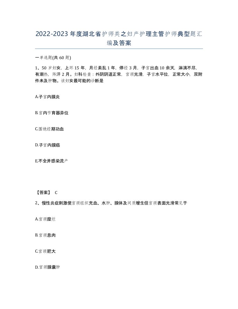 2022-2023年度湖北省护师类之妇产护理主管护师典型题汇编及答案