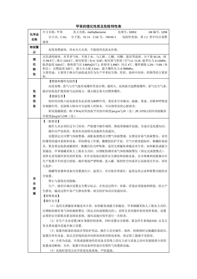 甲苯的理化性质及危险特性表