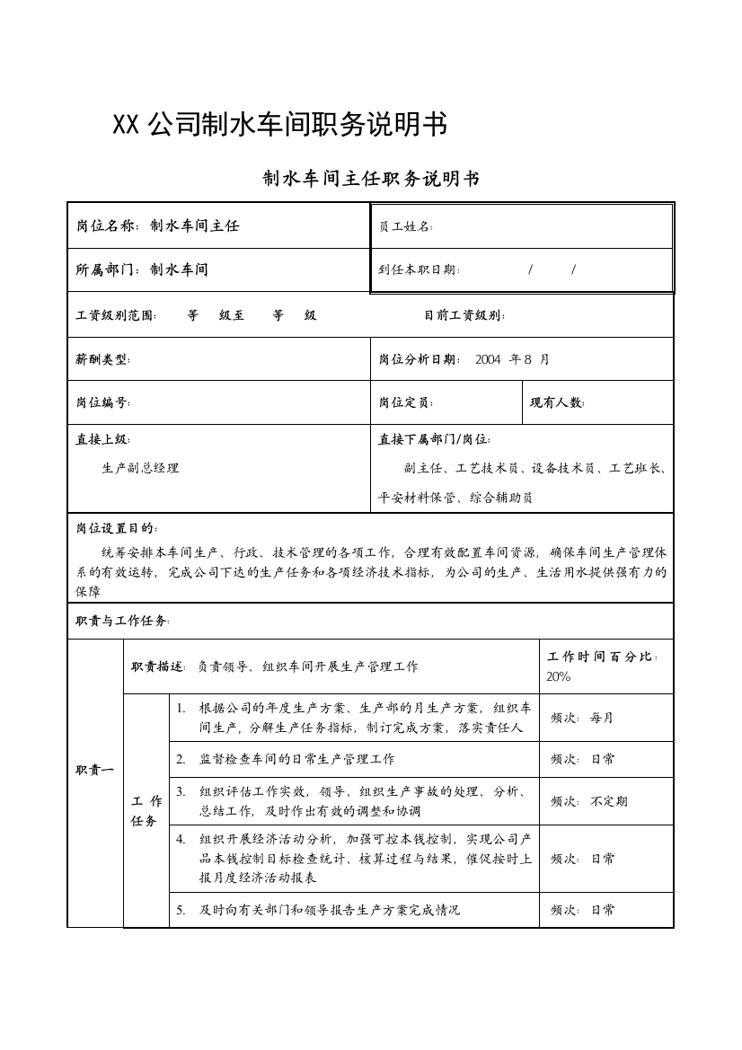 XX公司制水车间职务说明书