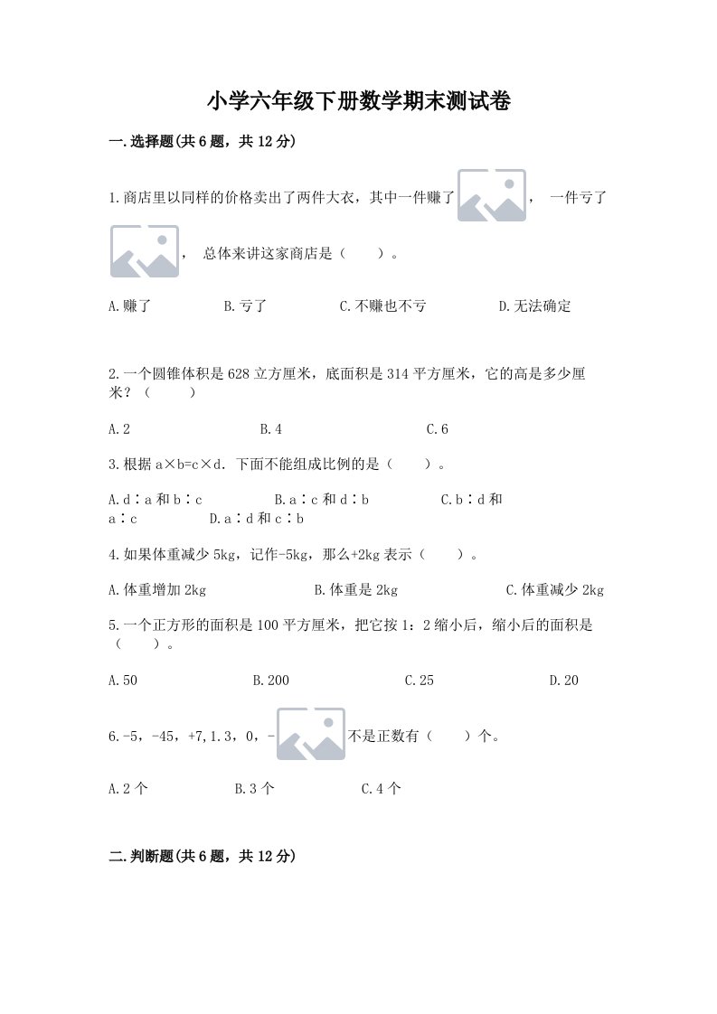 小学六年级下册数学期末测试卷附答案【夺分金卷】