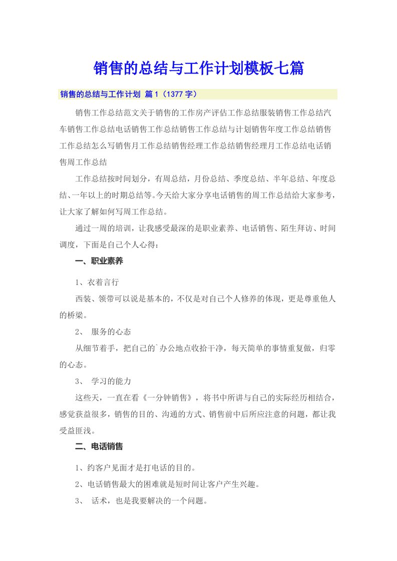 销售的总结与工作计划模板七篇