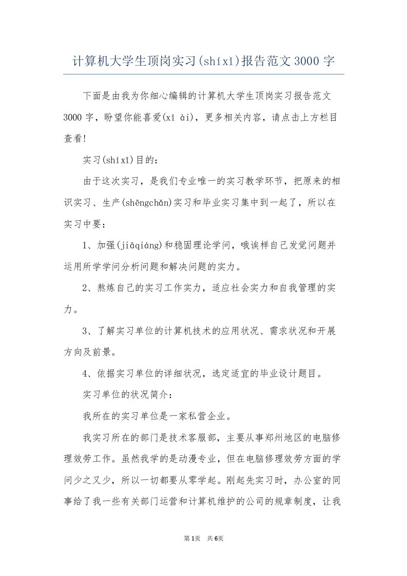 计算机大学生顶岗实习报告范文3000字(共5页)