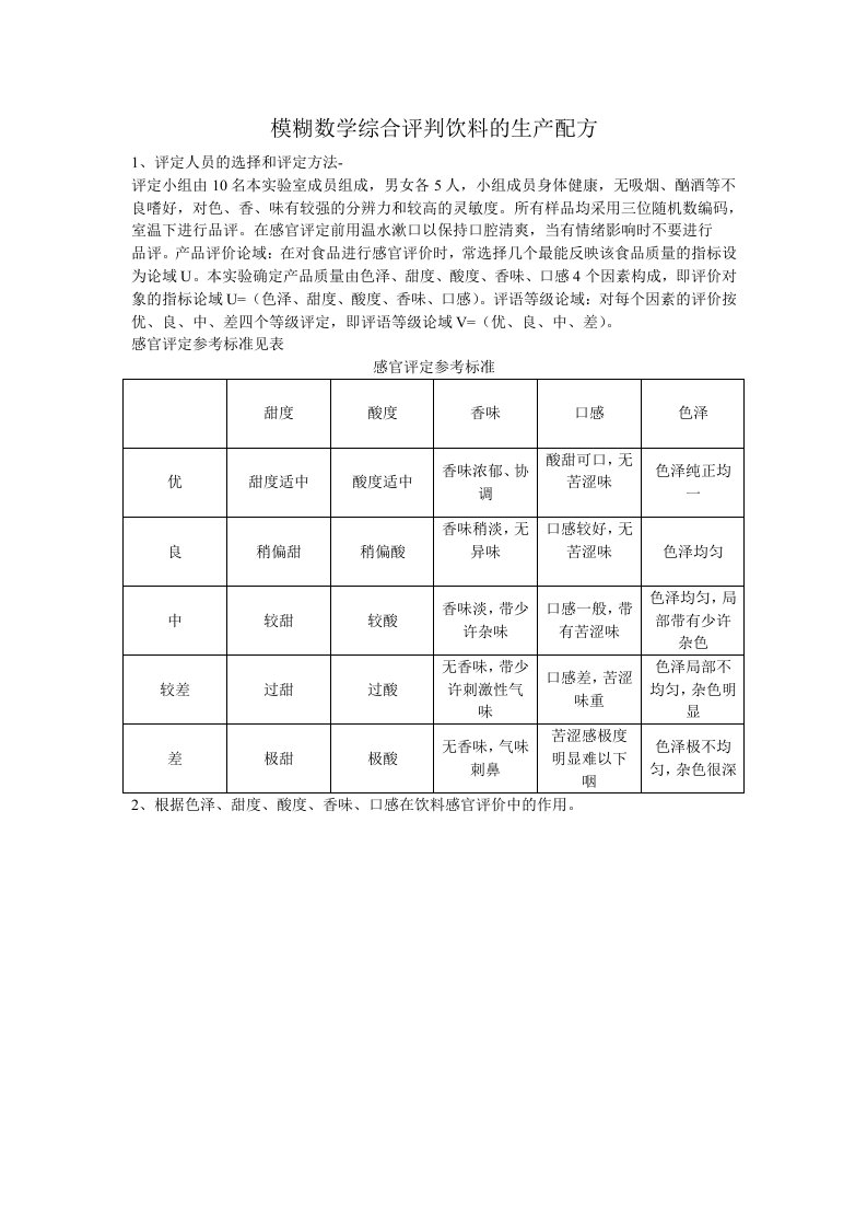 饮料口感标准和评价表