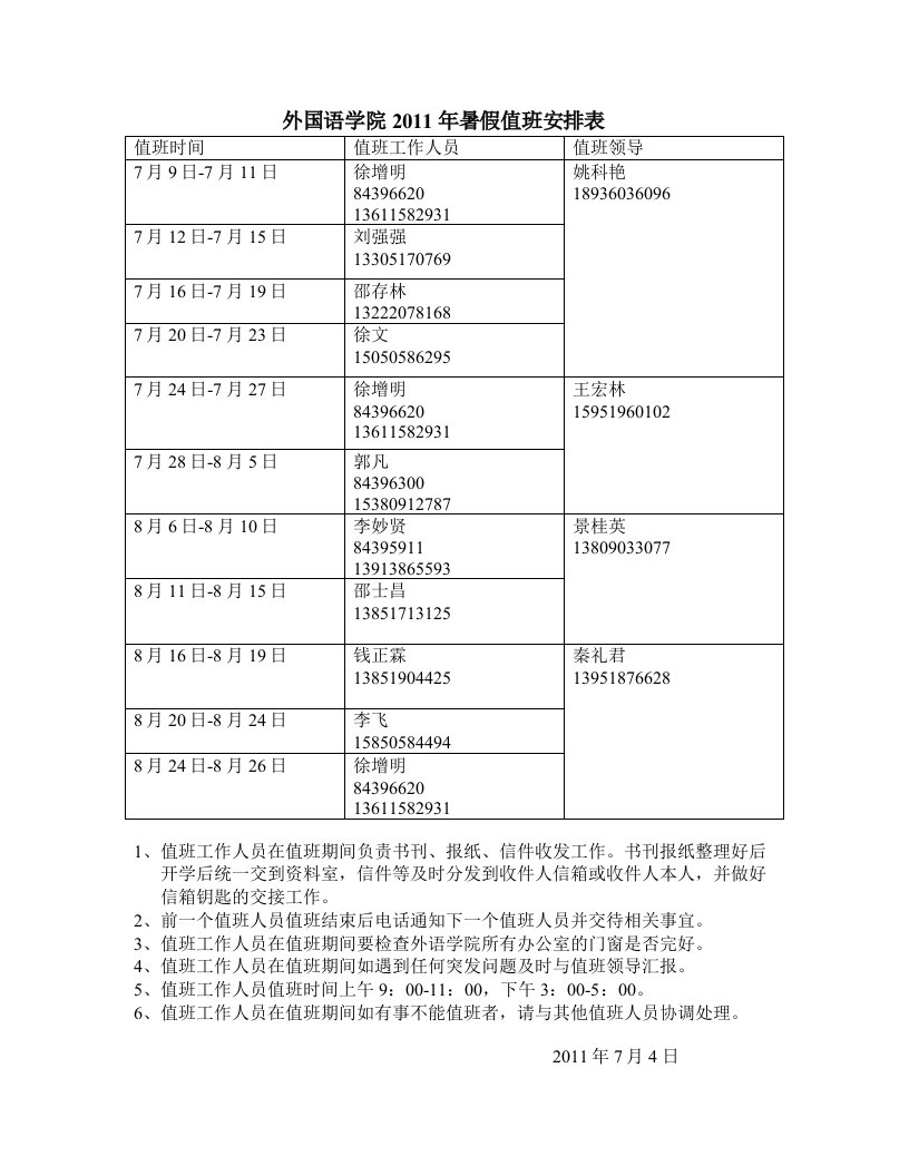 外国语学院2011年暑假值班安排表