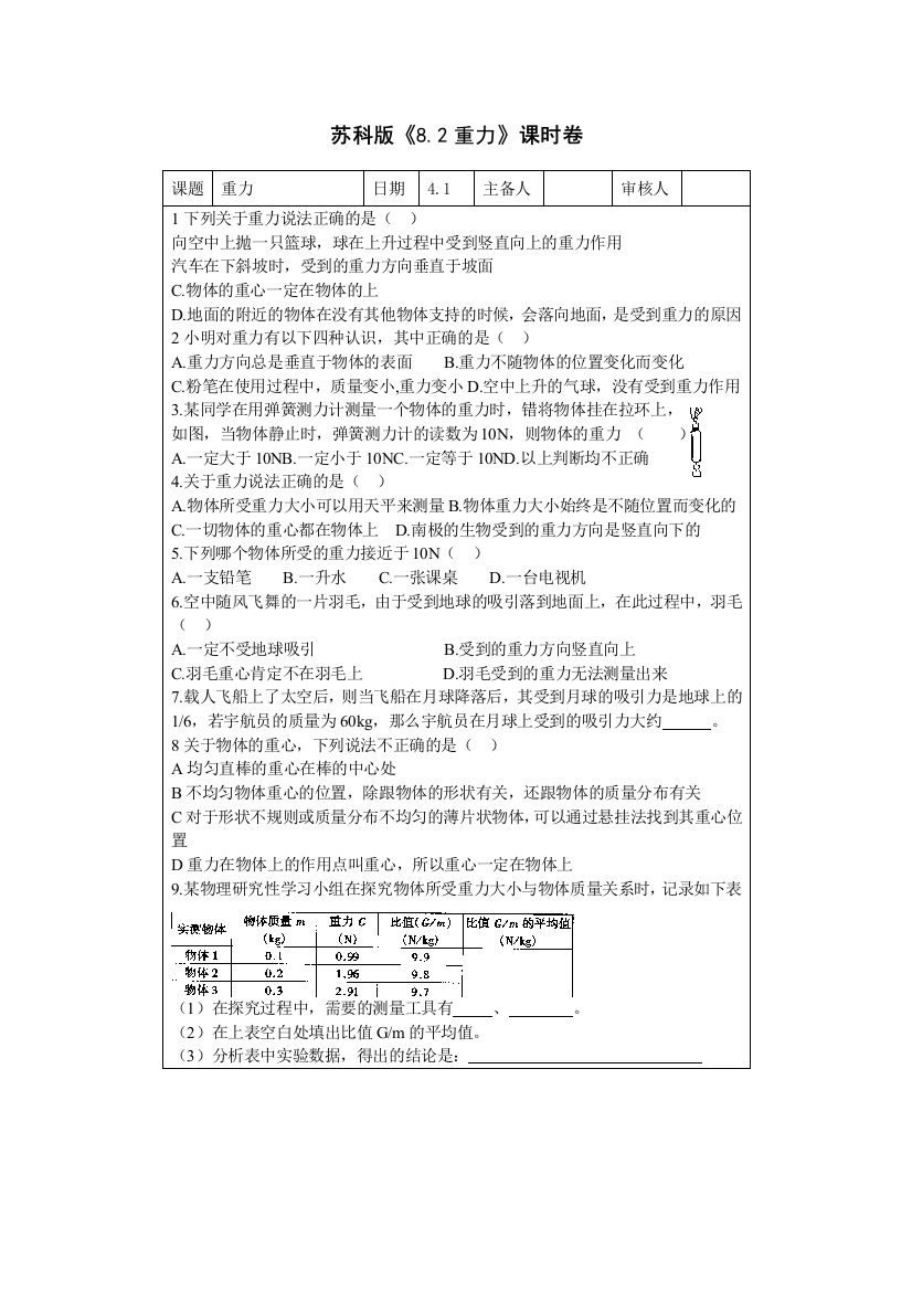 【小学中学教育精选】8.2重力课时卷（苏科版八下）