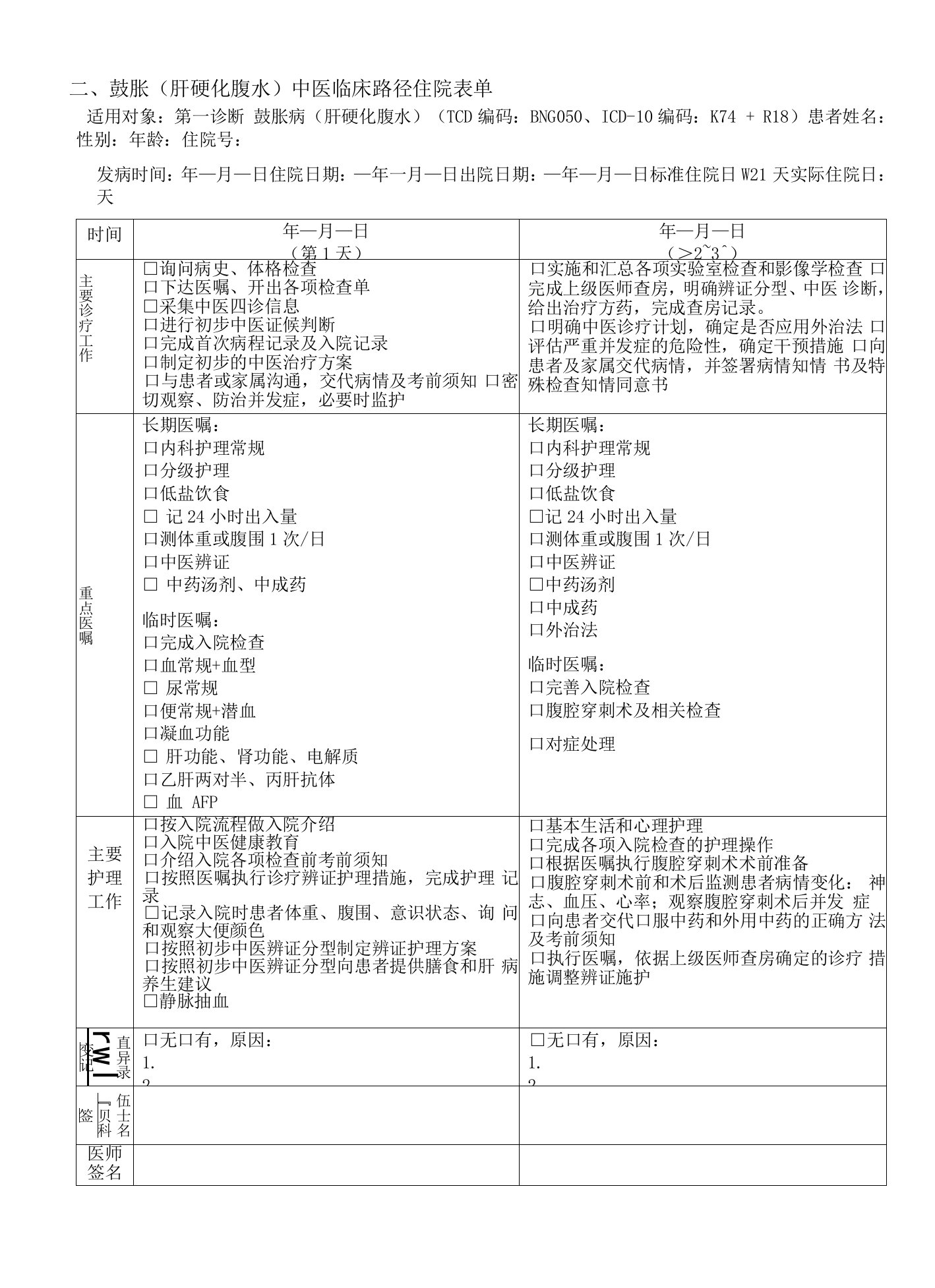 鼓胀中医临床路径住院表单