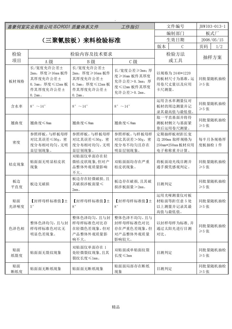 三聚氰胺板来料检验标准