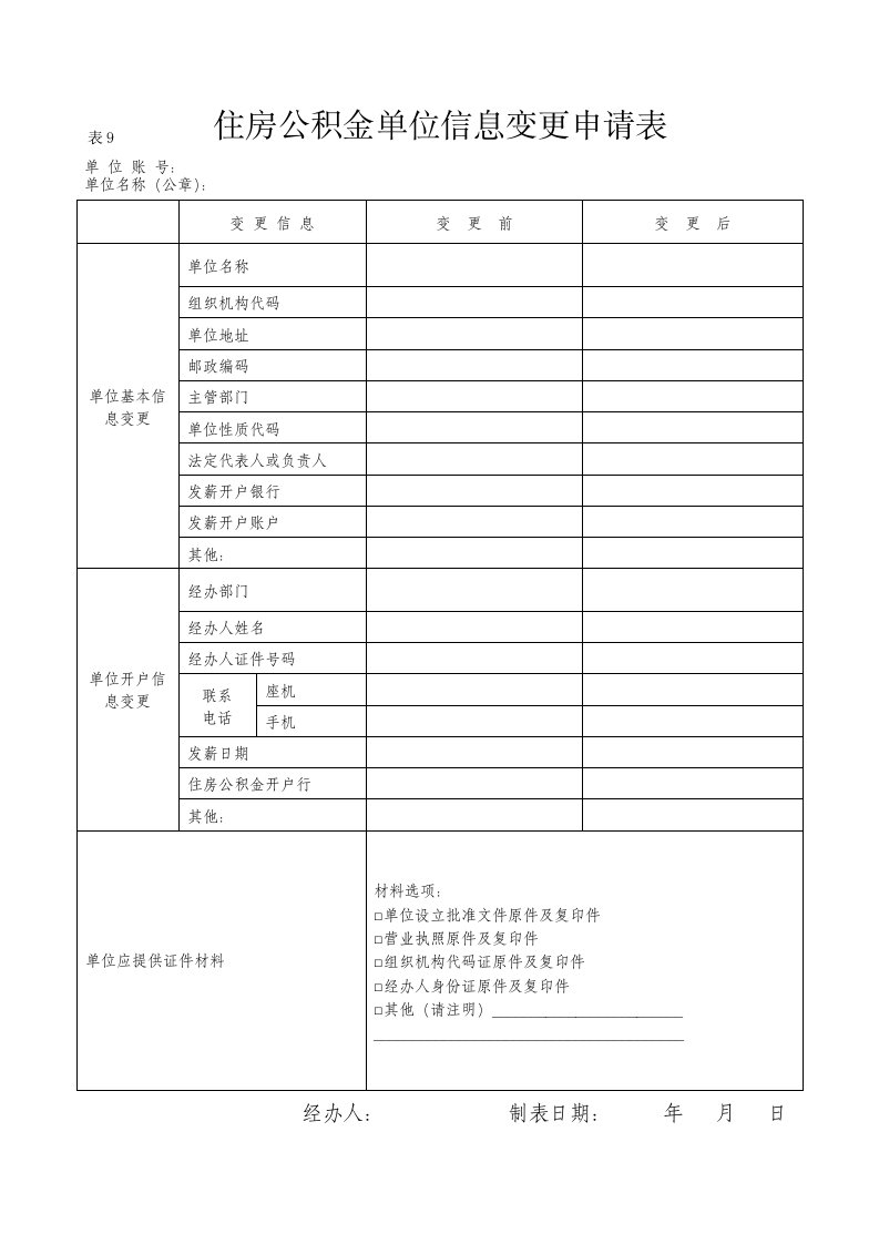 住房公积金单位信息变更申请表