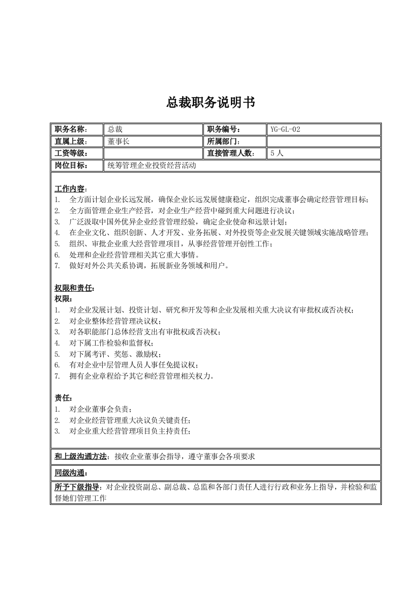 投资集团总裁岗位职责样本