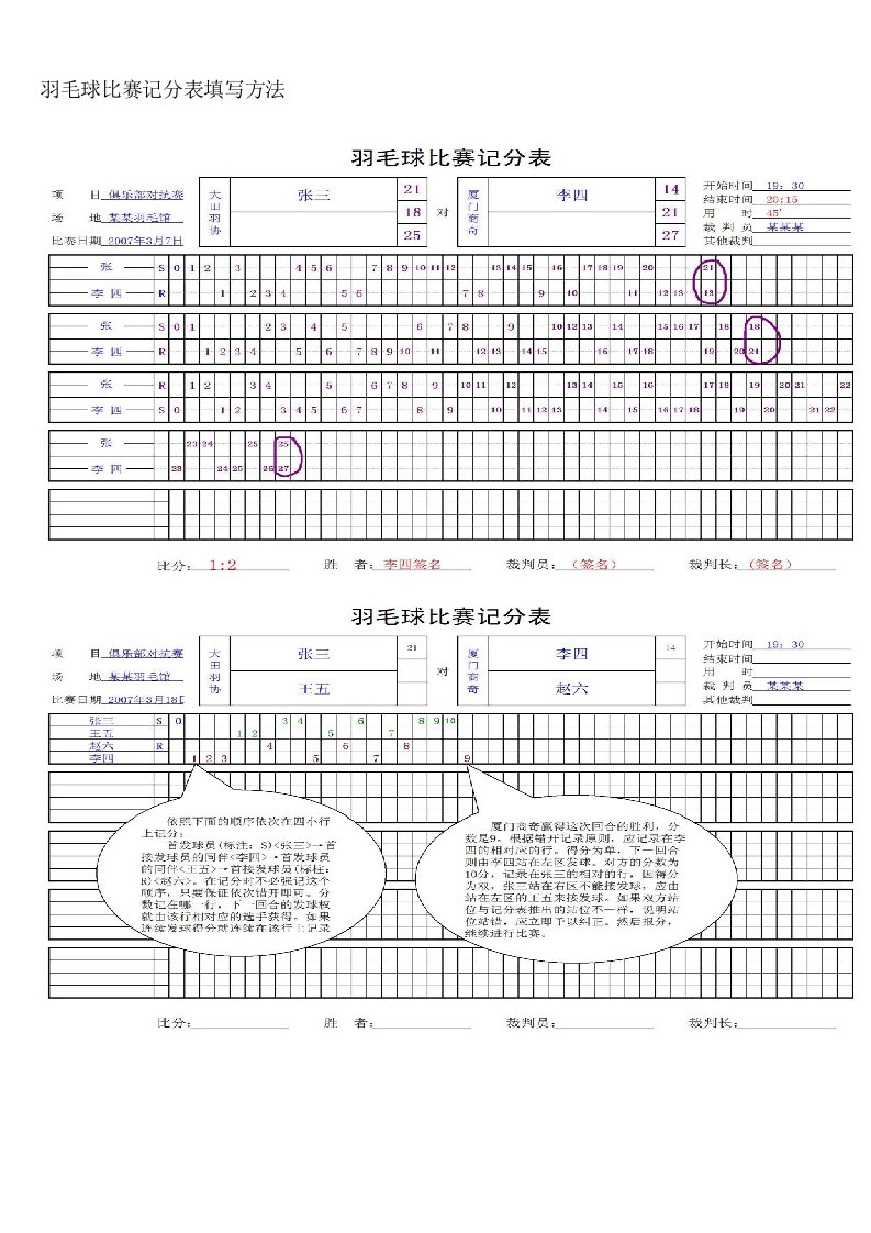 羽毛球比赛记分表填写方法