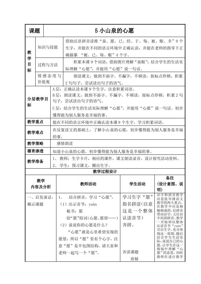 一年级语文下半学期-5小山泉的心愿