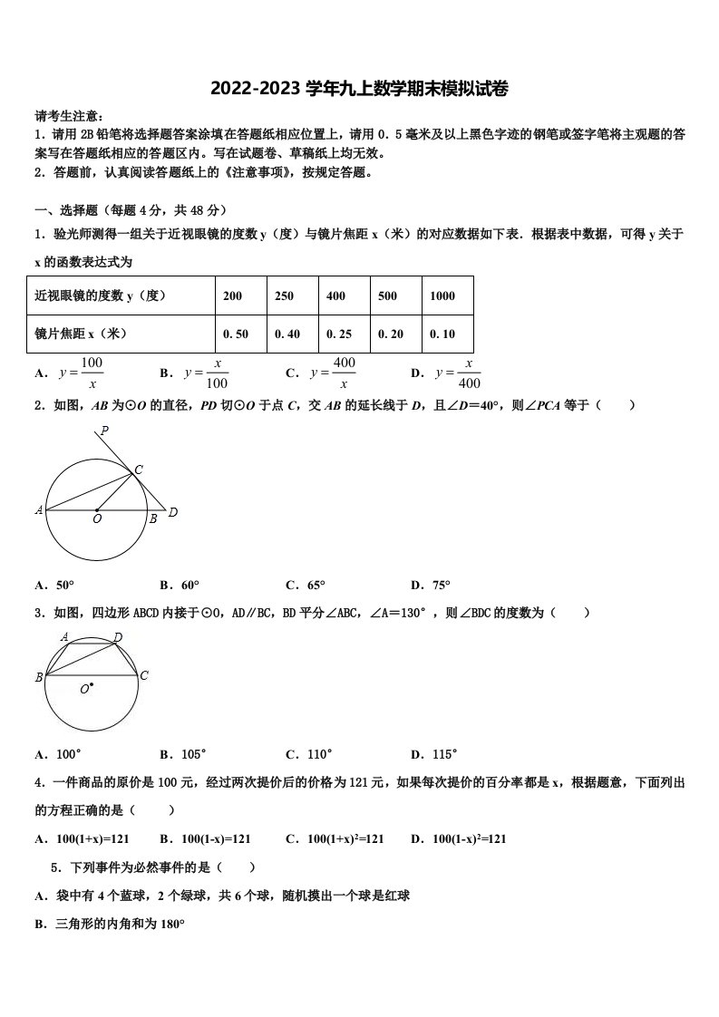 江苏省宿迁市沭阳县2022年九年级数学第一学期期末复习检测模拟试题含解析