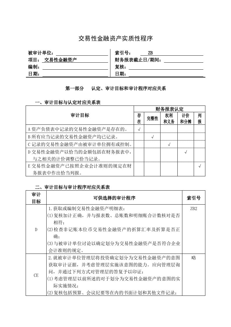 交易性金融资产实质性程序