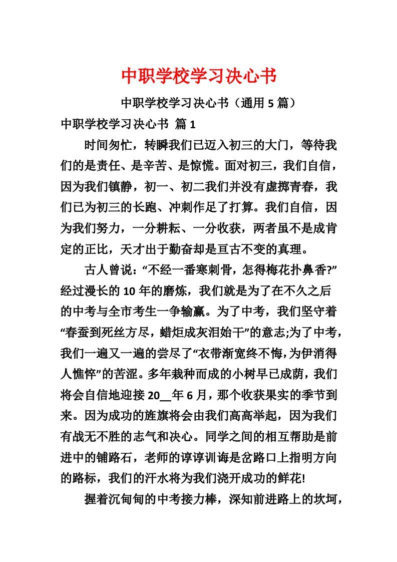 中职学校学习决心书