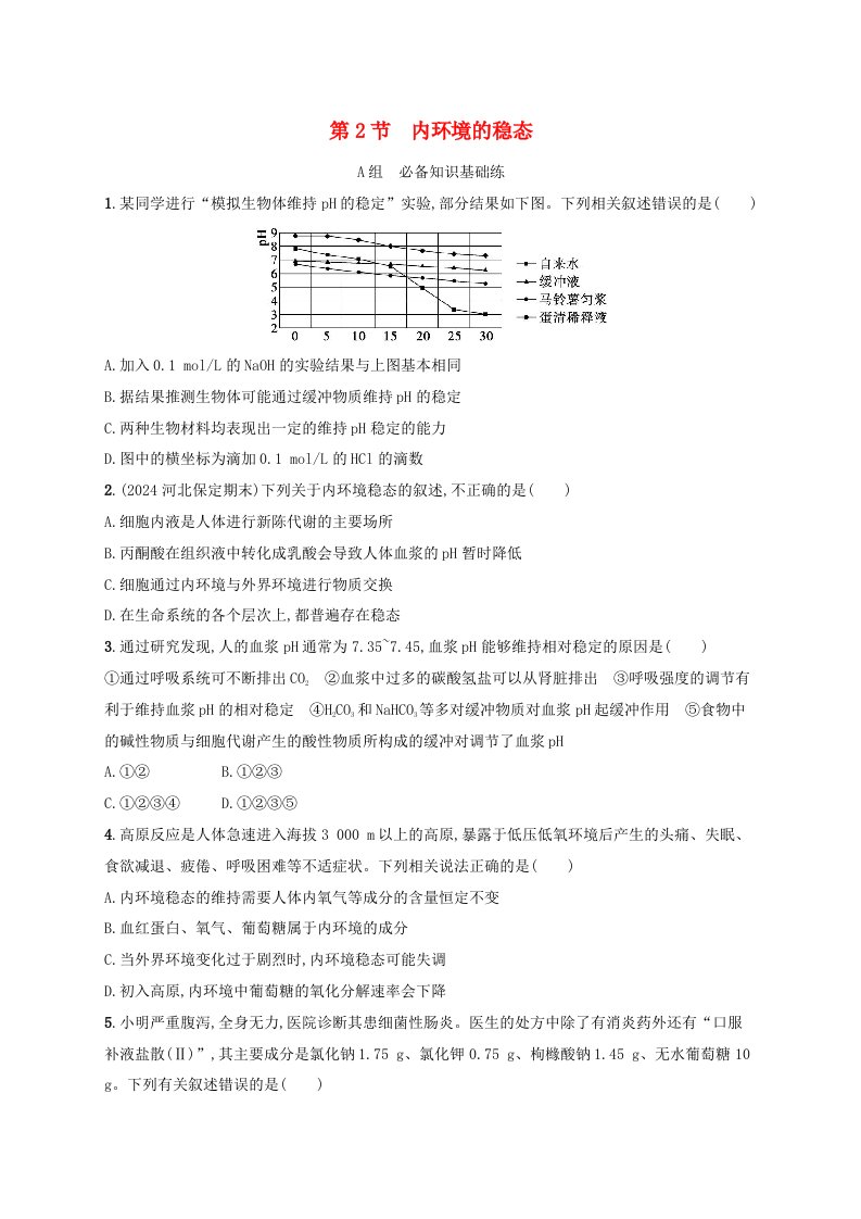 2024_2025学年新教材高中生物第1章人体的内环境与稳态第2节内环境的稳态分层作业新人教版选择性必修1