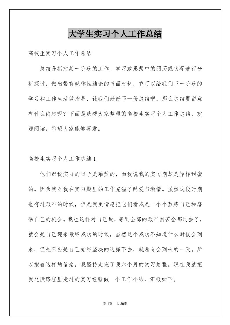 大学生实习个人工作总结例文0