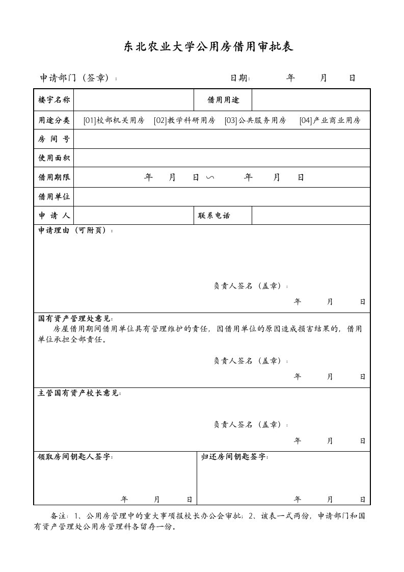 东北农业大学公用房借用审批表