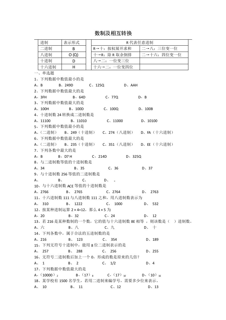 二进制十进制八进制十六进制转换练习测试题