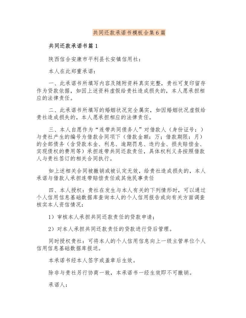 共同还款承诺书模板合集6篇