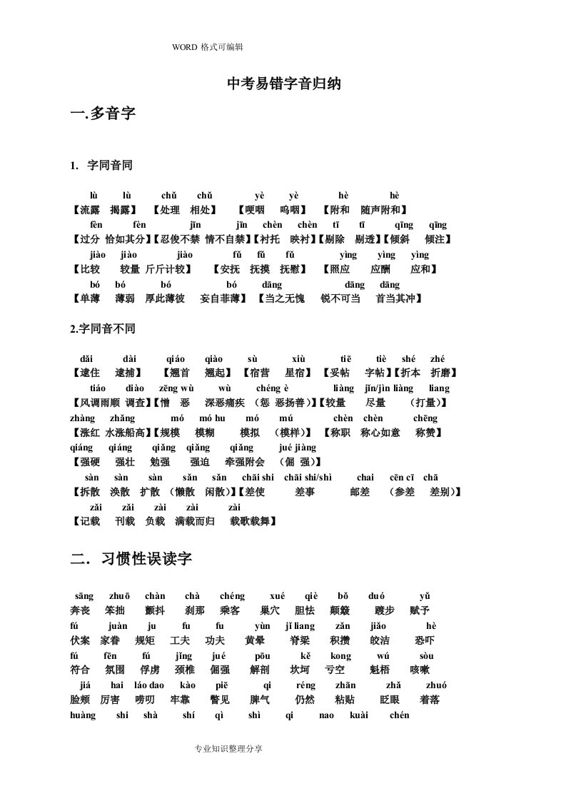 中考易错字音字形归纳