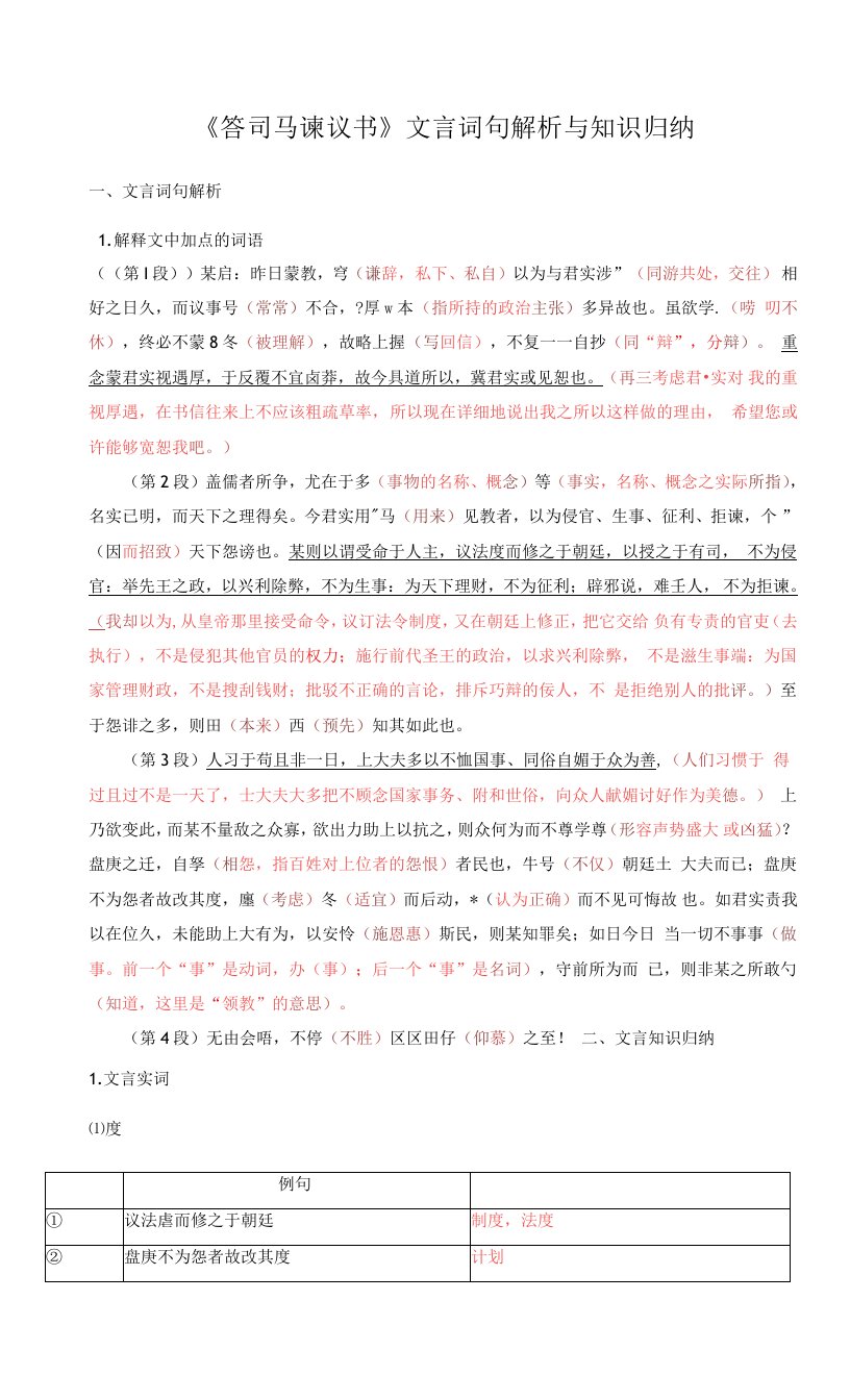 《答司马谏议书》文言词句解析与文言知识归纳