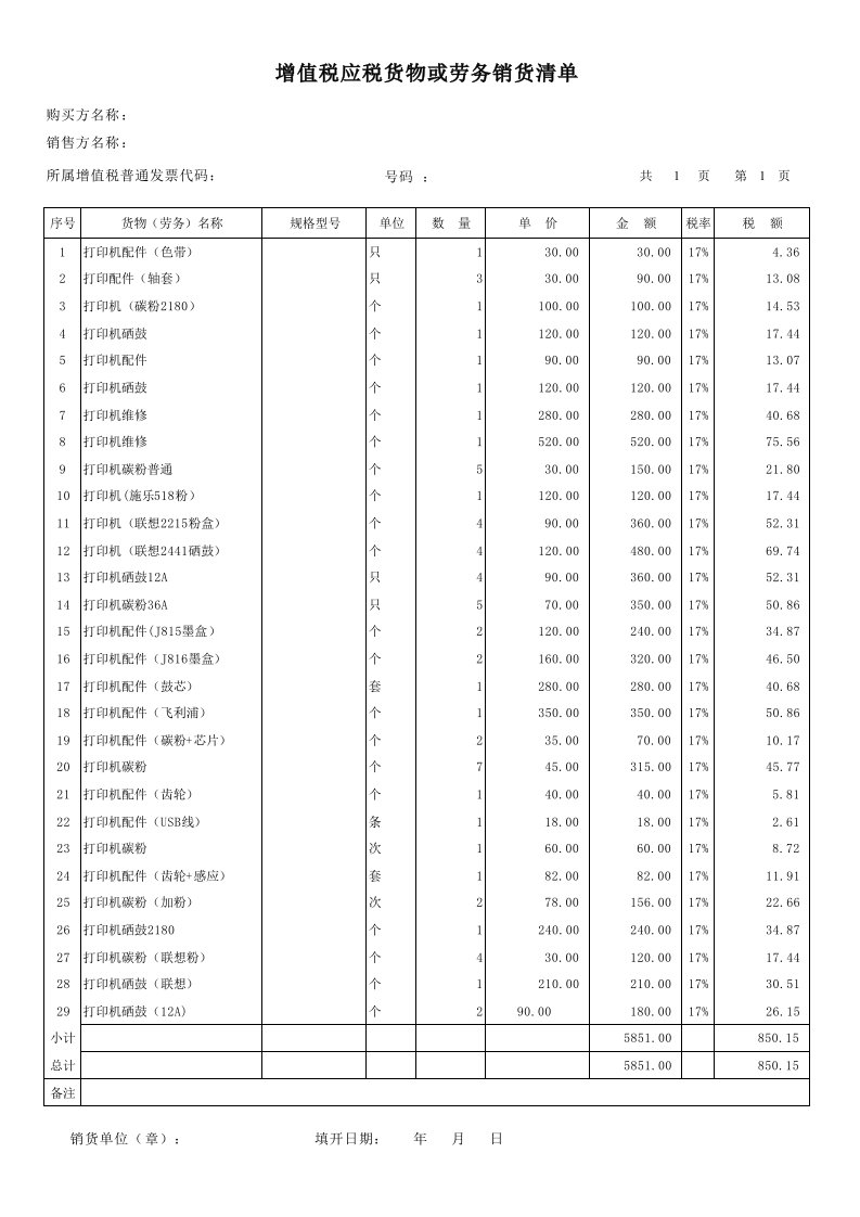 增值税发票清单模板