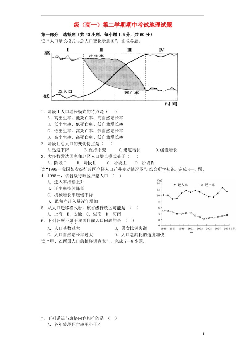 河南省许昌县第一高级中学高一地理下学期期中试题