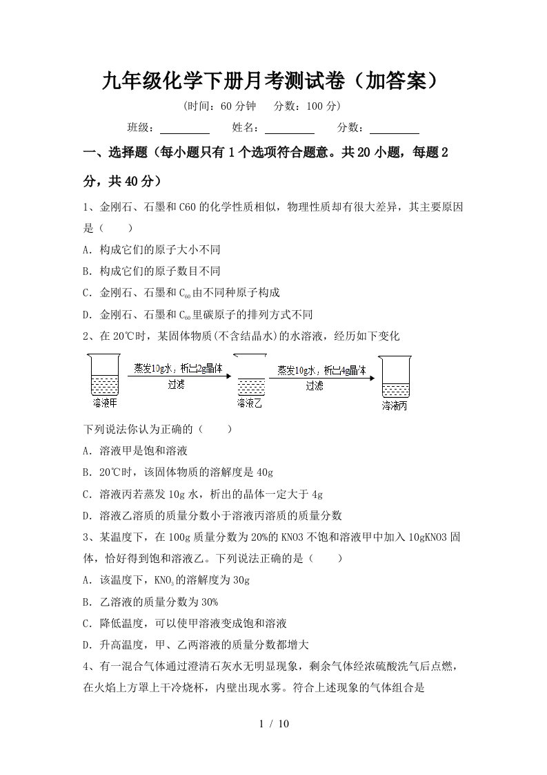 九年级化学下册月考测试卷加答案